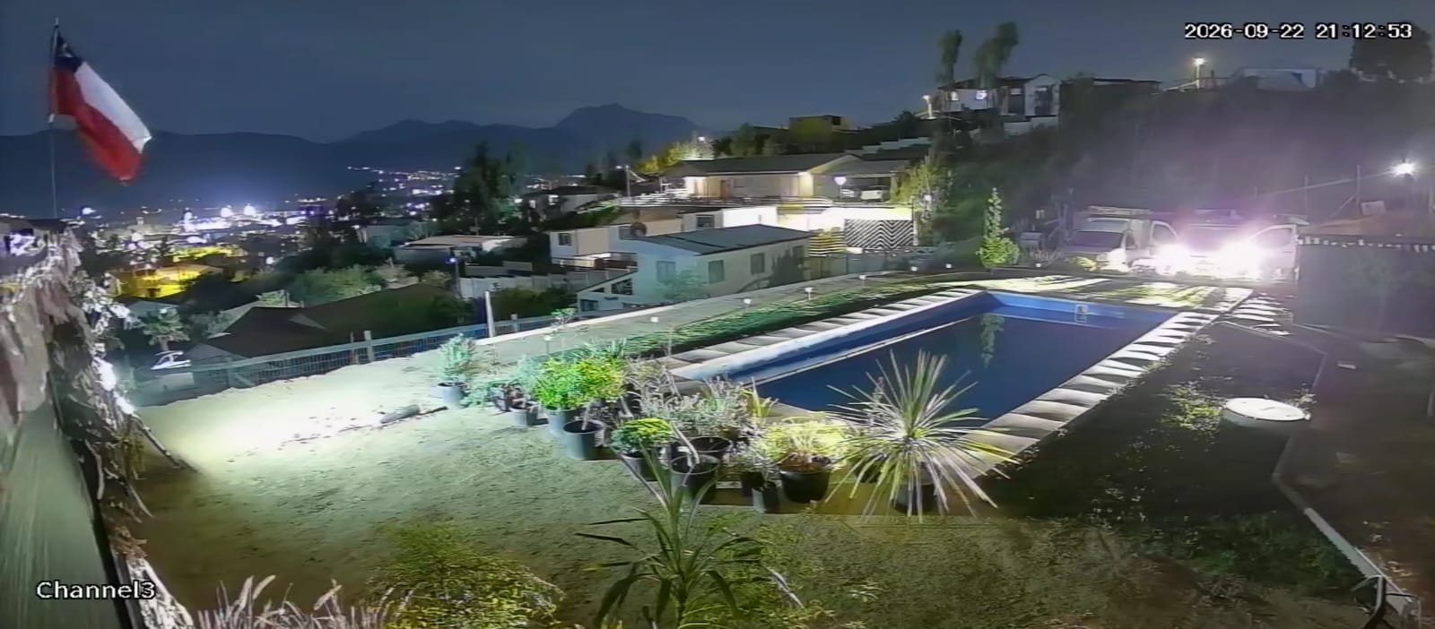Cámara de seguridad Vigilancia Segura, vista nocturna de piscina y patio